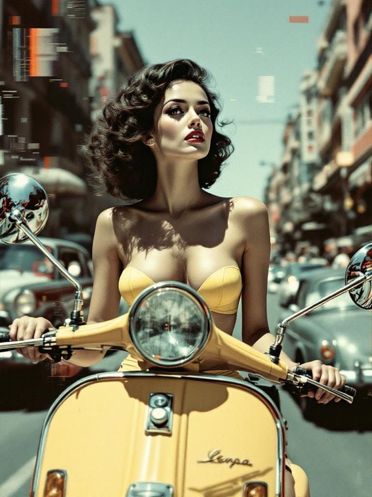 Pin-Up Woman on Vespa in Glitch Art Style