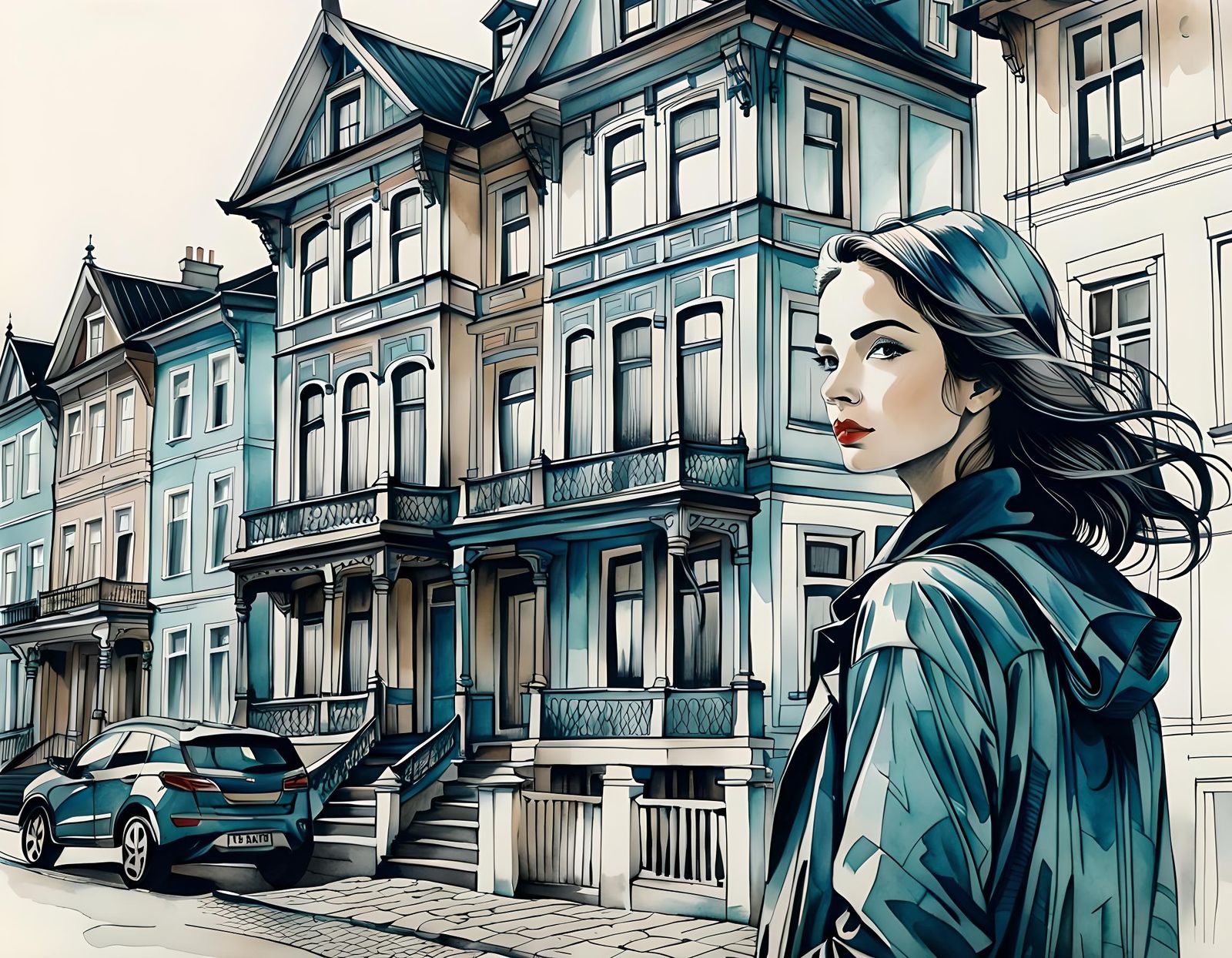 Detailed Ink Resist Drawing of Woman by Townhouse