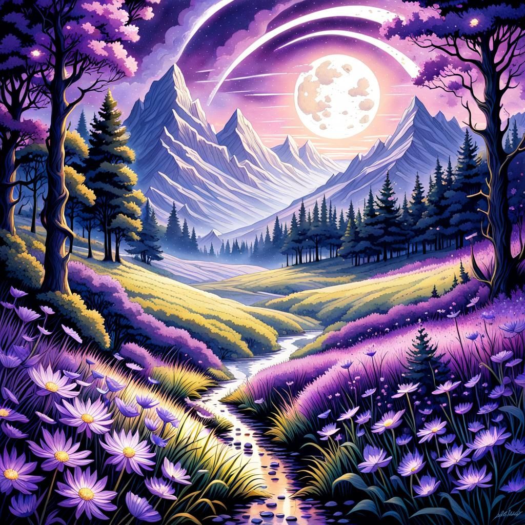 Purple Flowers Under a Starry Sky: Watercolor Painting