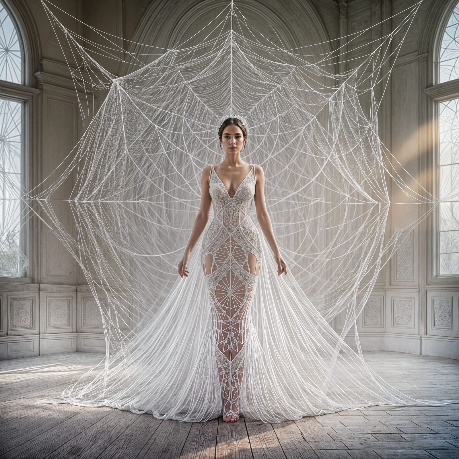 Ethereal Spider Web Gown in Castle Ballroom