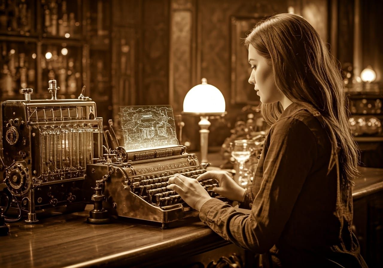 Steampunk Typist at Dimly Lit Bar