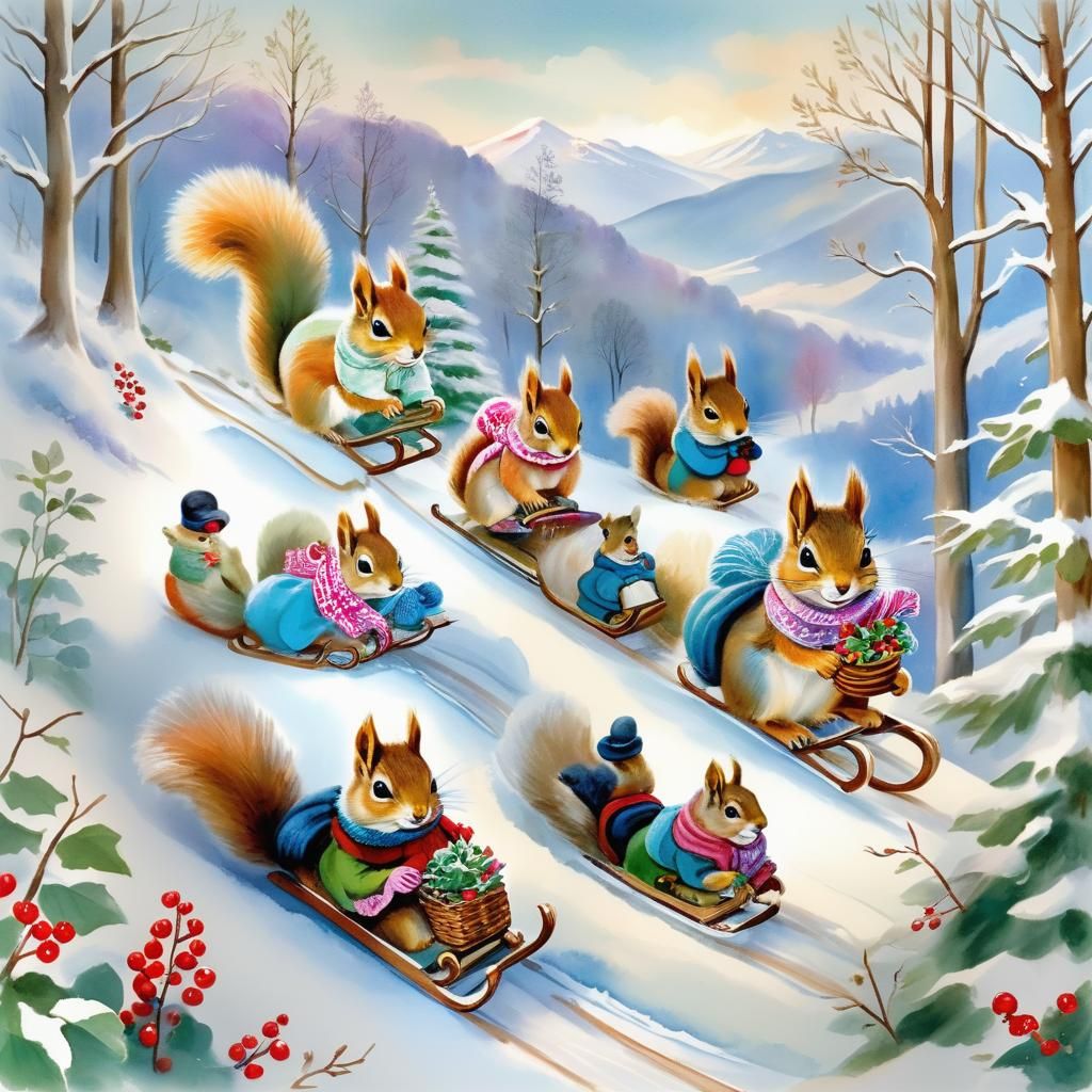 Squirrels Sledding Downhill in Pastel Colors