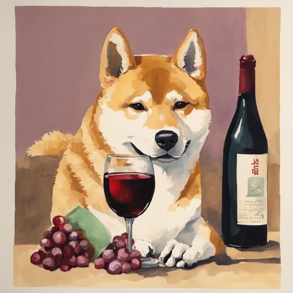 Shiba Inu Dog Enjoys Wine: Gouache Painting