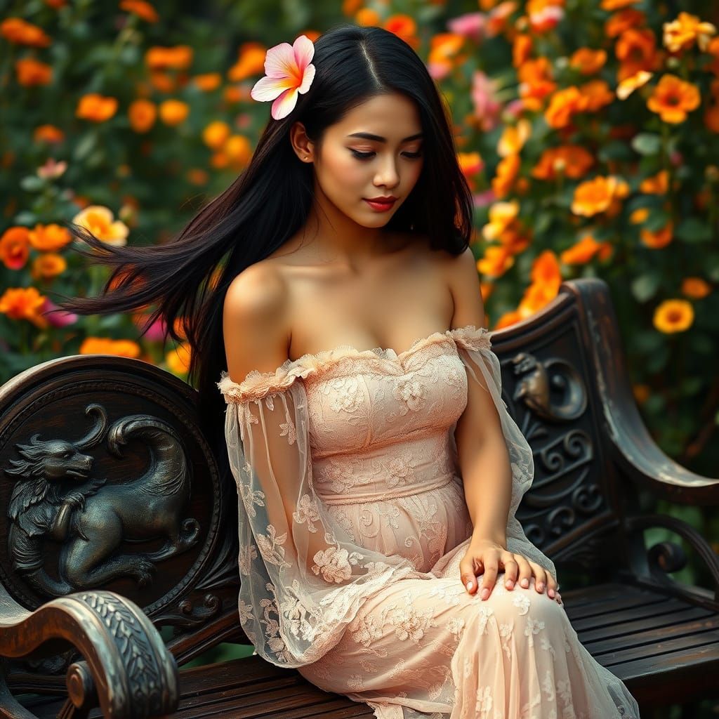 Thai Woman in Lace Dress in Enchanting Garden