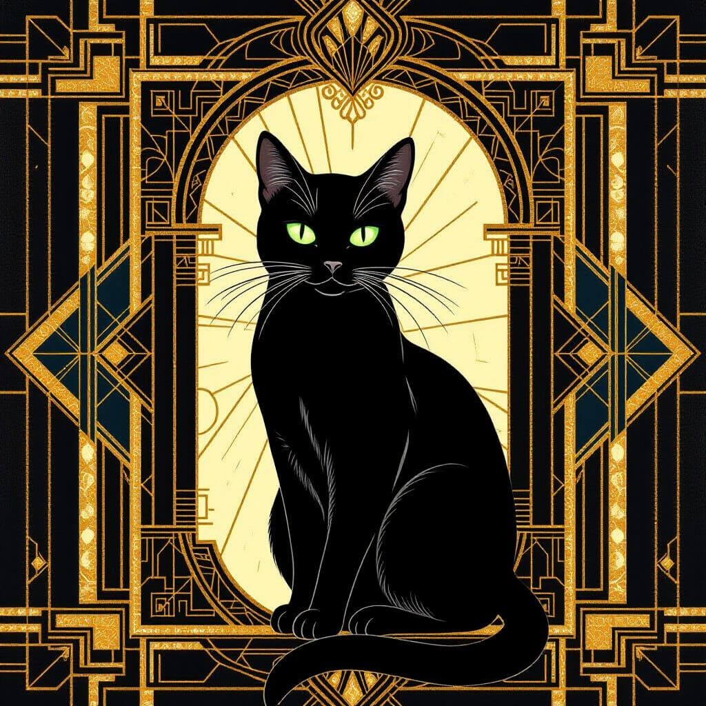 Art Deco Black Cat with Emerald Eyes in Geometric Frame