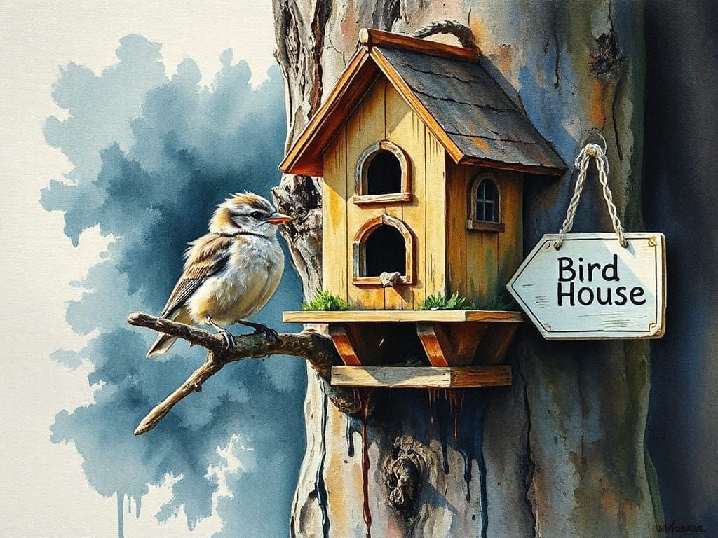 Bird and Birdhouse in Post-Impressionistic Style