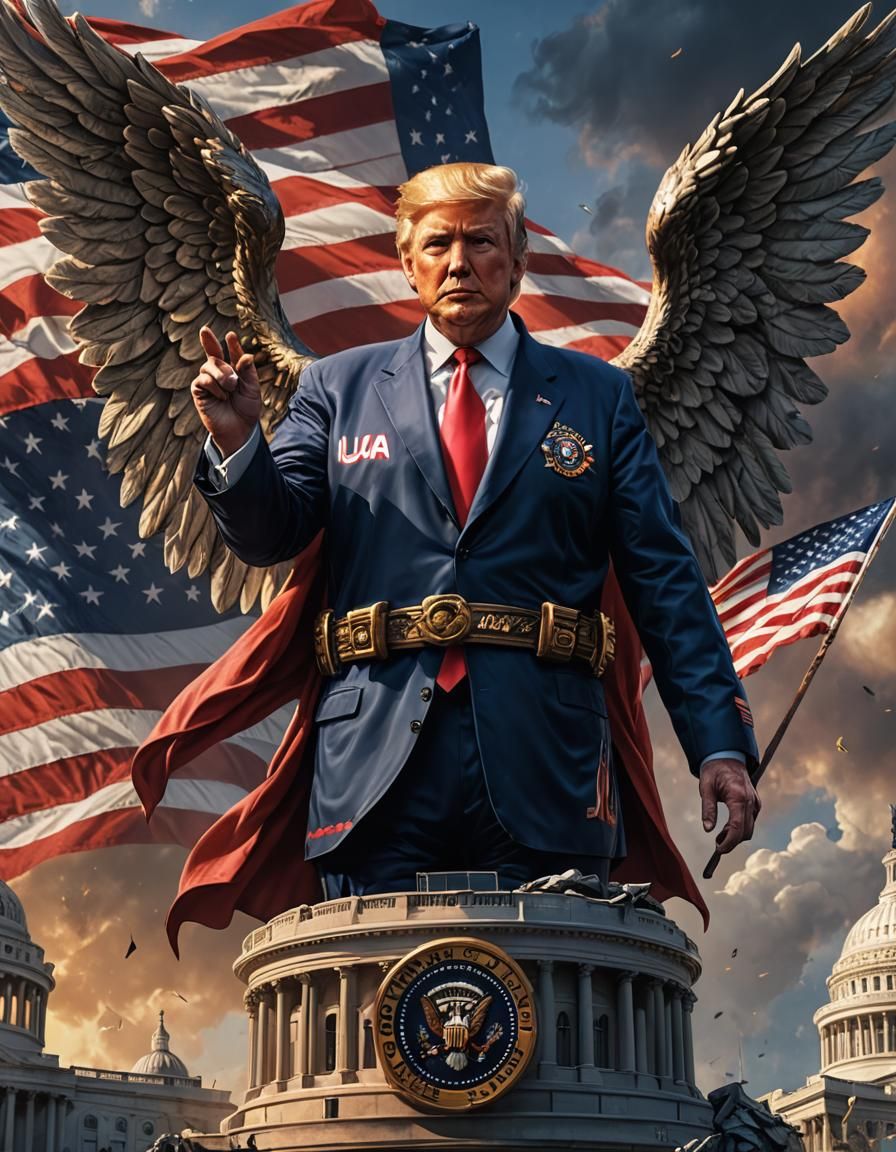 Donald Trump with US Flag in Fantasy Art Style