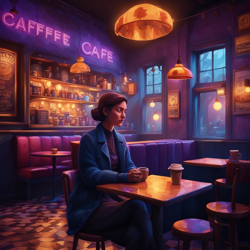 Moody Low-Poly Art: Woman in Vintage Cafe