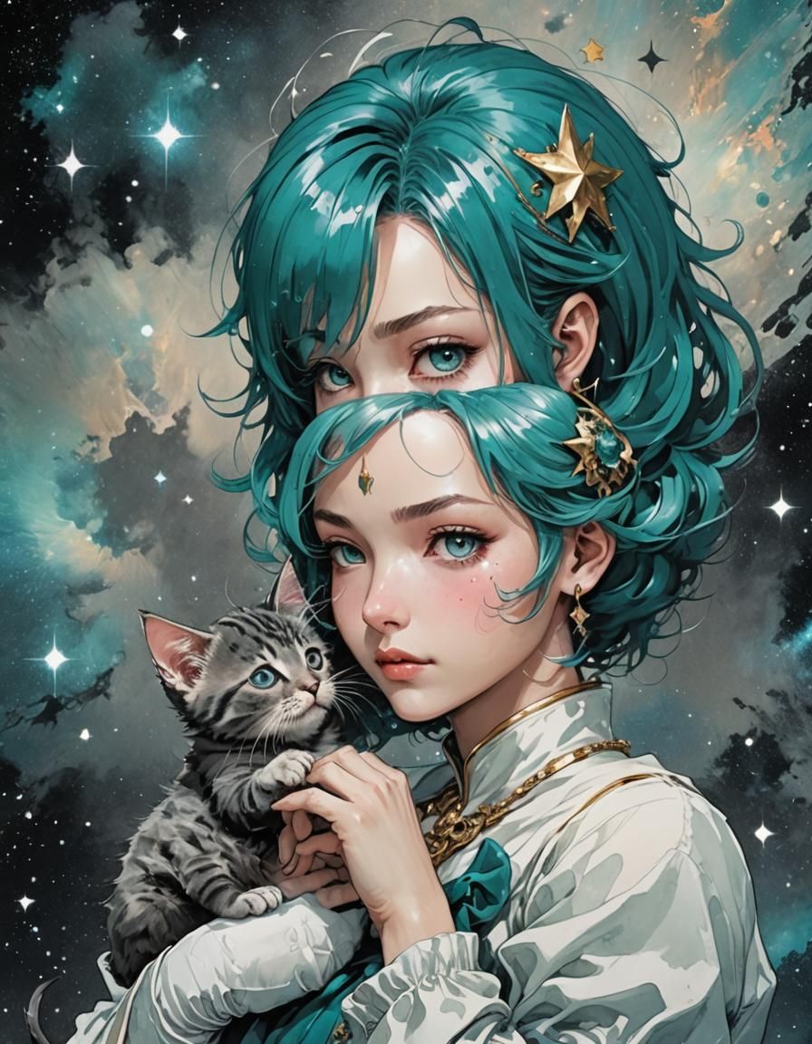 Fantasy Princess with Kitten in Manga Style