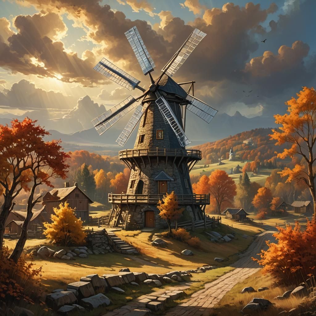 Autumn Windmill in Fantasy Landscape as Digital Art