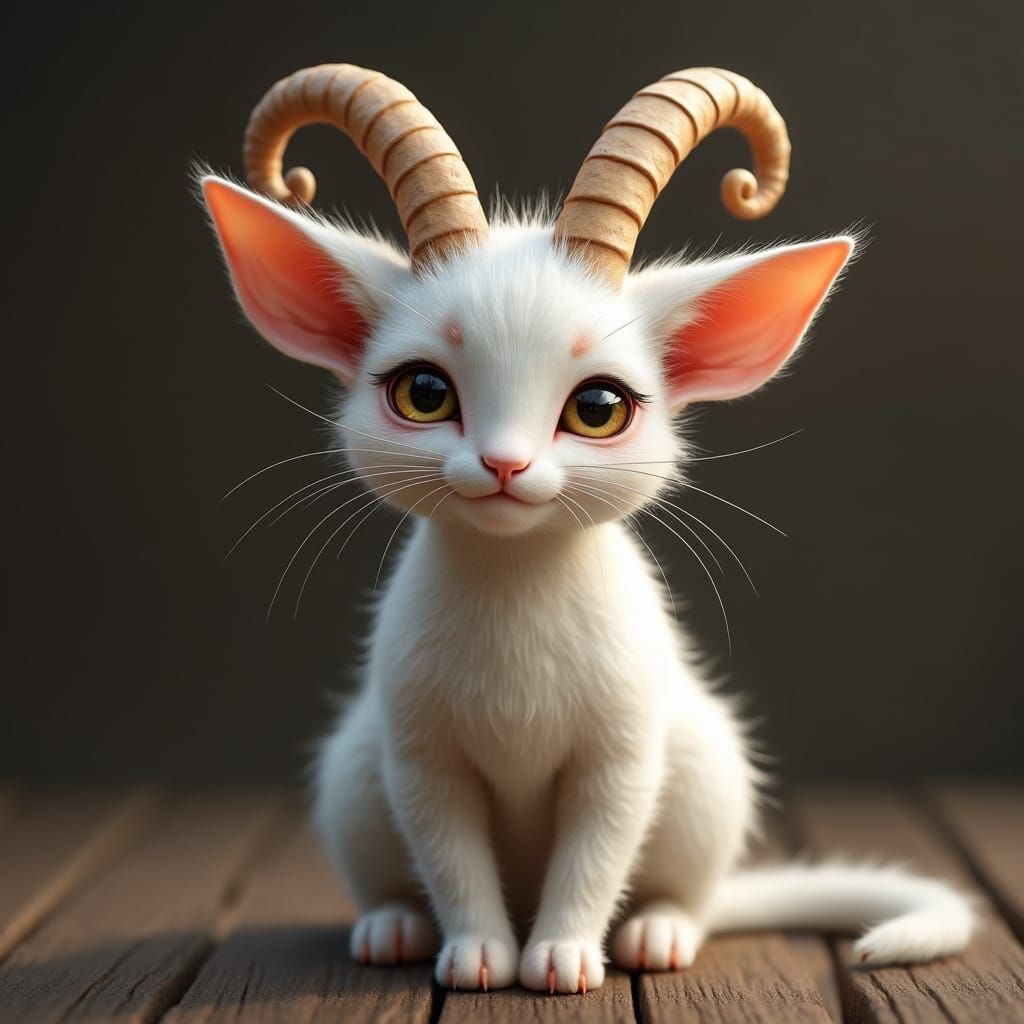 Whimsical Feline-Goat Hybrid in Close-Up Portrait
