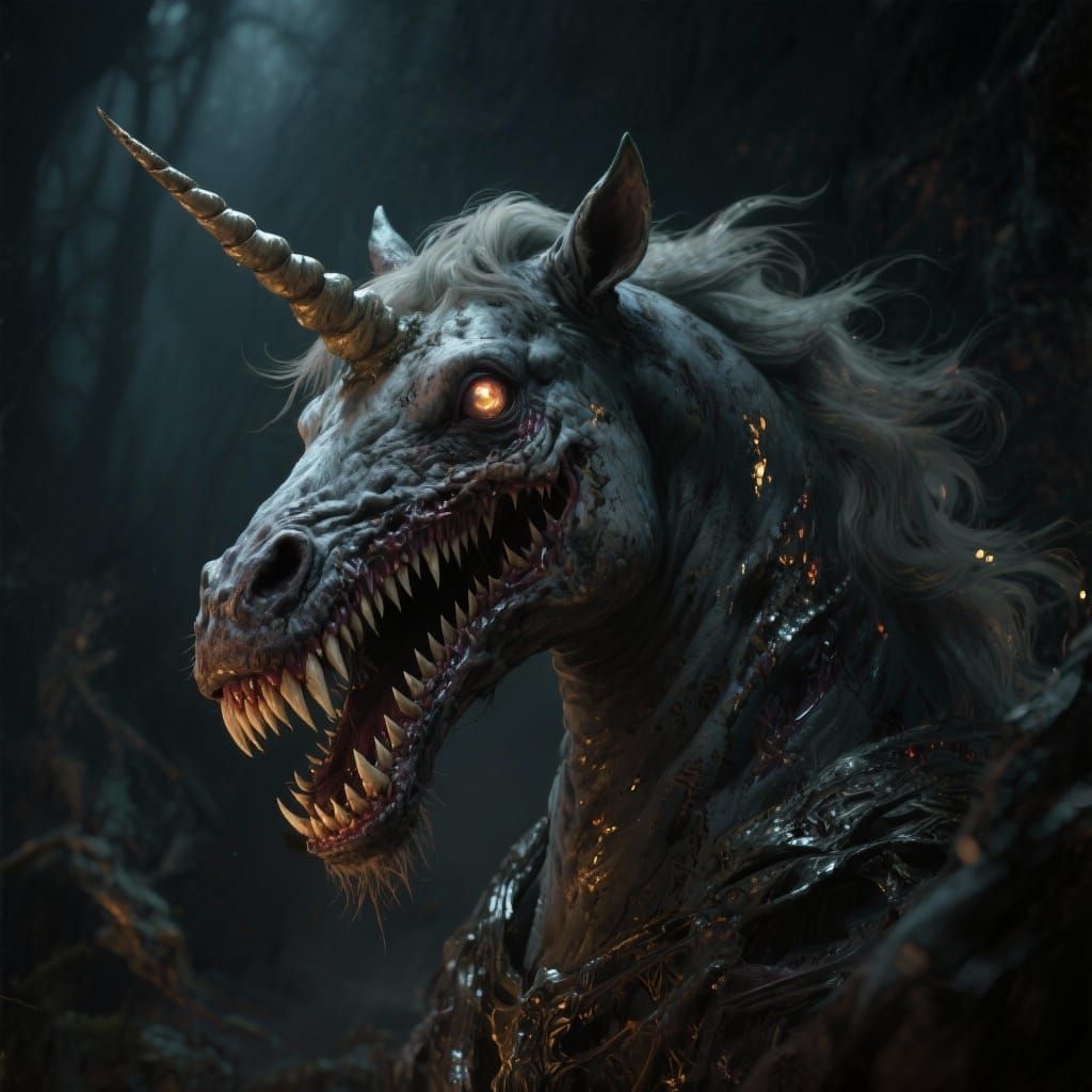 Horrific Unicorn with Sharp Teeth in Dark Fantasy