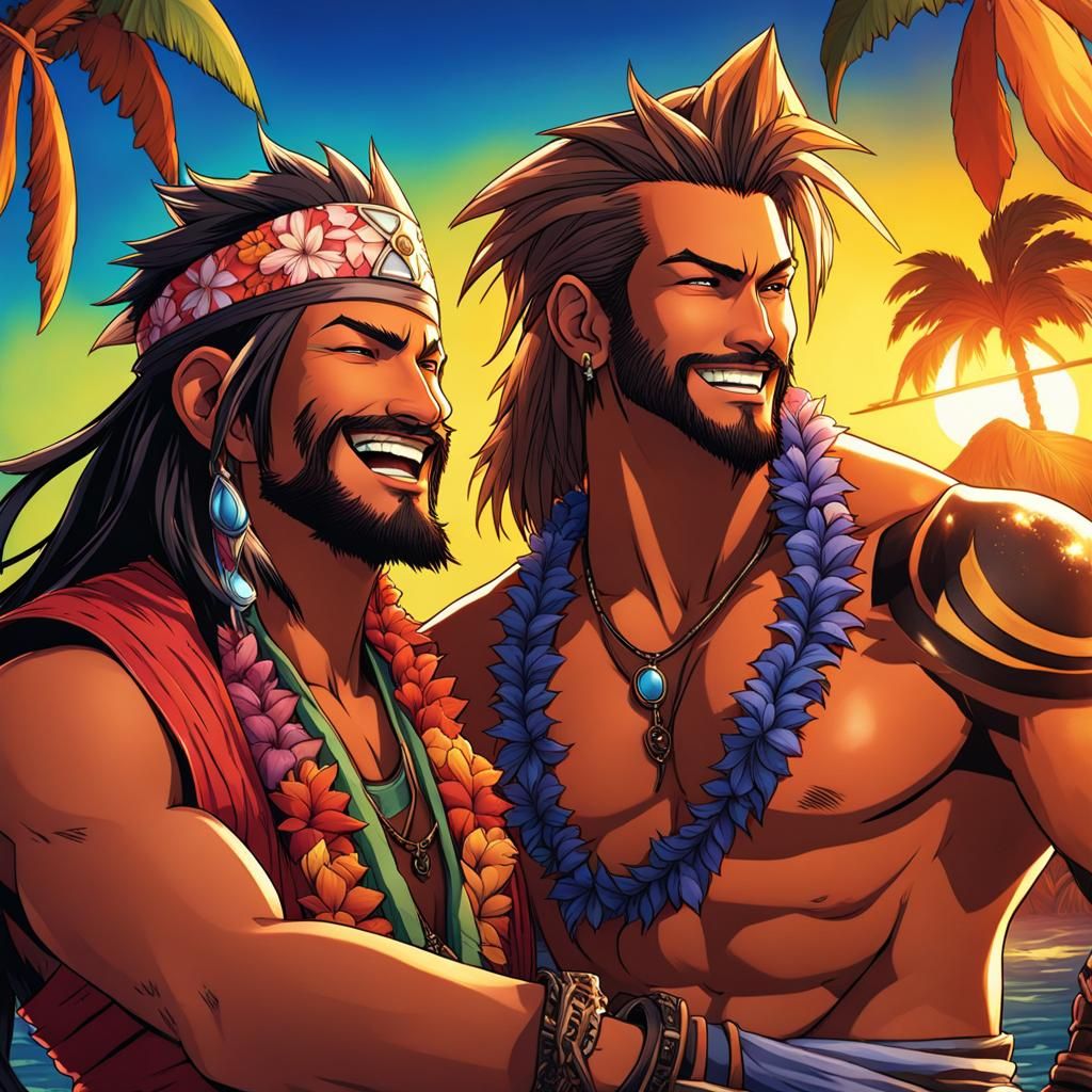 Jecht and Auron Enjoying a Hawaiian Luau