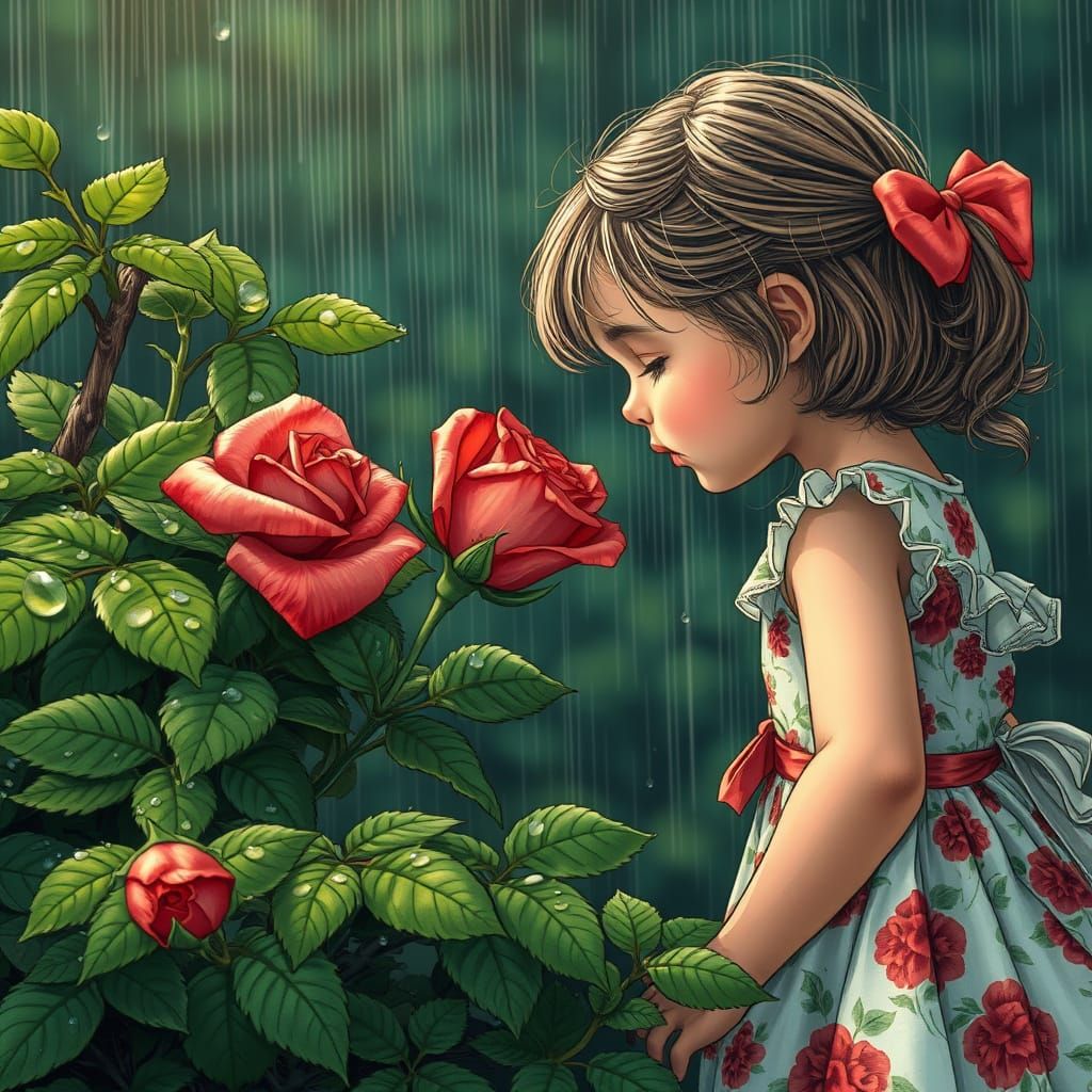 Girl Smelling a Rose in Hyperrealistic Style