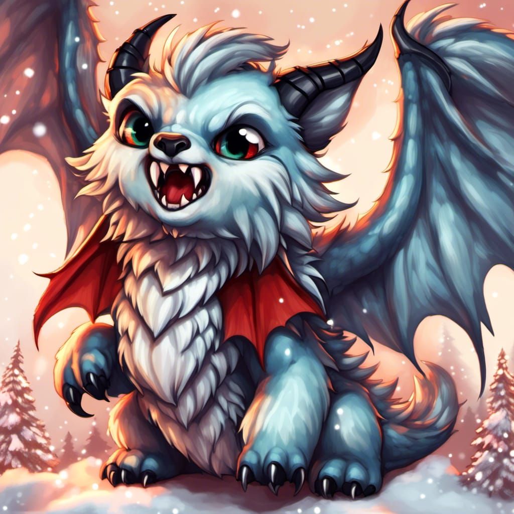 Christmas Chibi Dragon with Fluffy Fur and Wings