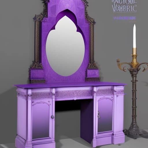 Ethereal Vibrant purple gothic vanity table with huge gothic mirror with cobalt blue accents& good craftsmanship vibes& ...