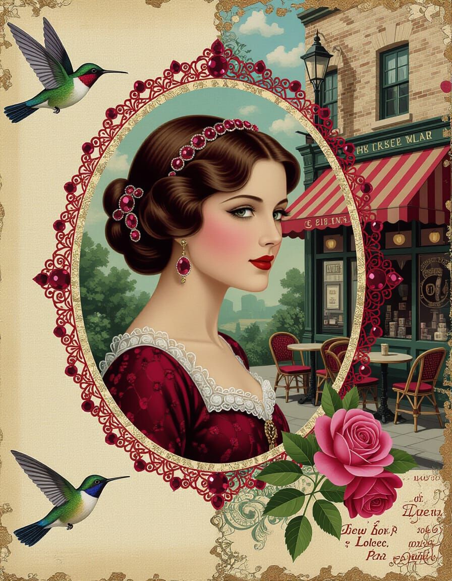 Cameo Woman Collage with Ruby and Lace Details