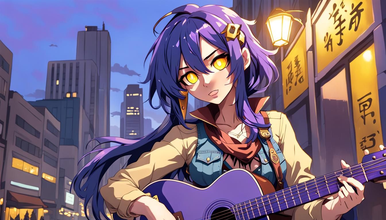 Anime Cowgirl Plays Guitar in the City
