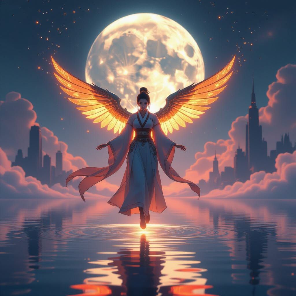 Vietnamese Guardian Ascends Under Fractal Moon in Anime Styl...