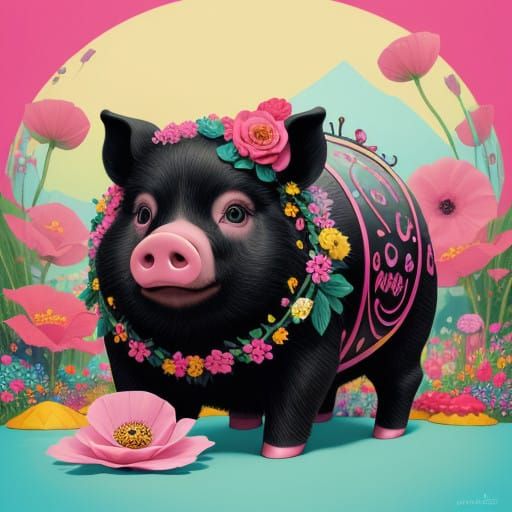 Vibrant Pig in Whimsical Candyland Landscape