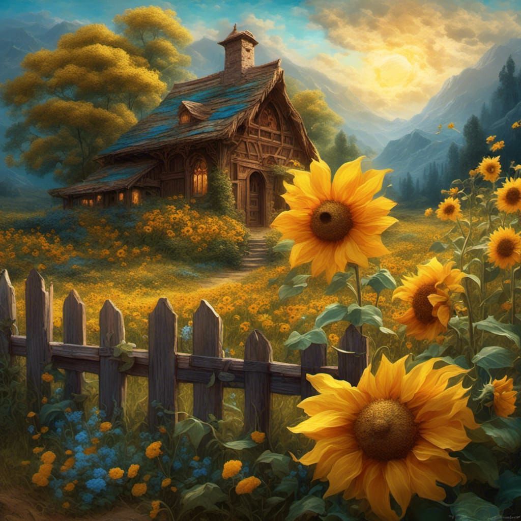 Sunflowers and Bee in Impressionist Style