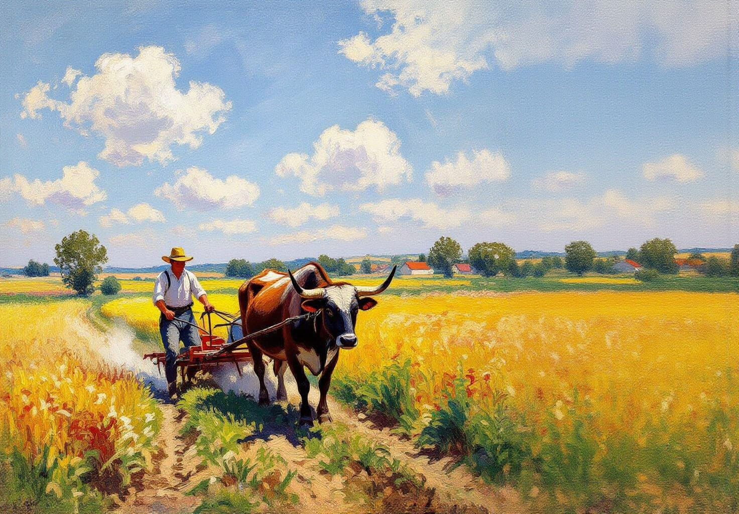 Farmer Plowing Field with Ox in Bright Landscape