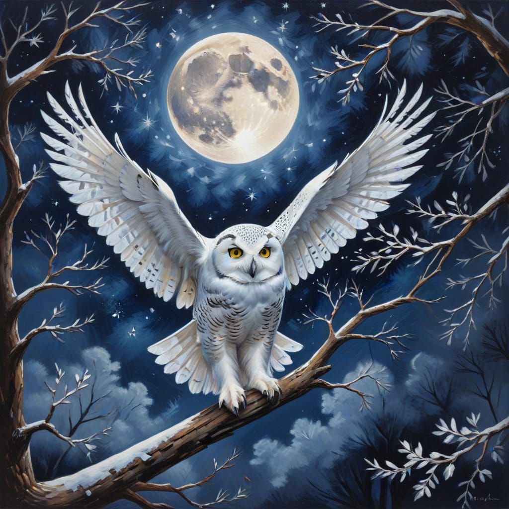 Snow Owl in Flight Under Full Moon, Oil Painting
