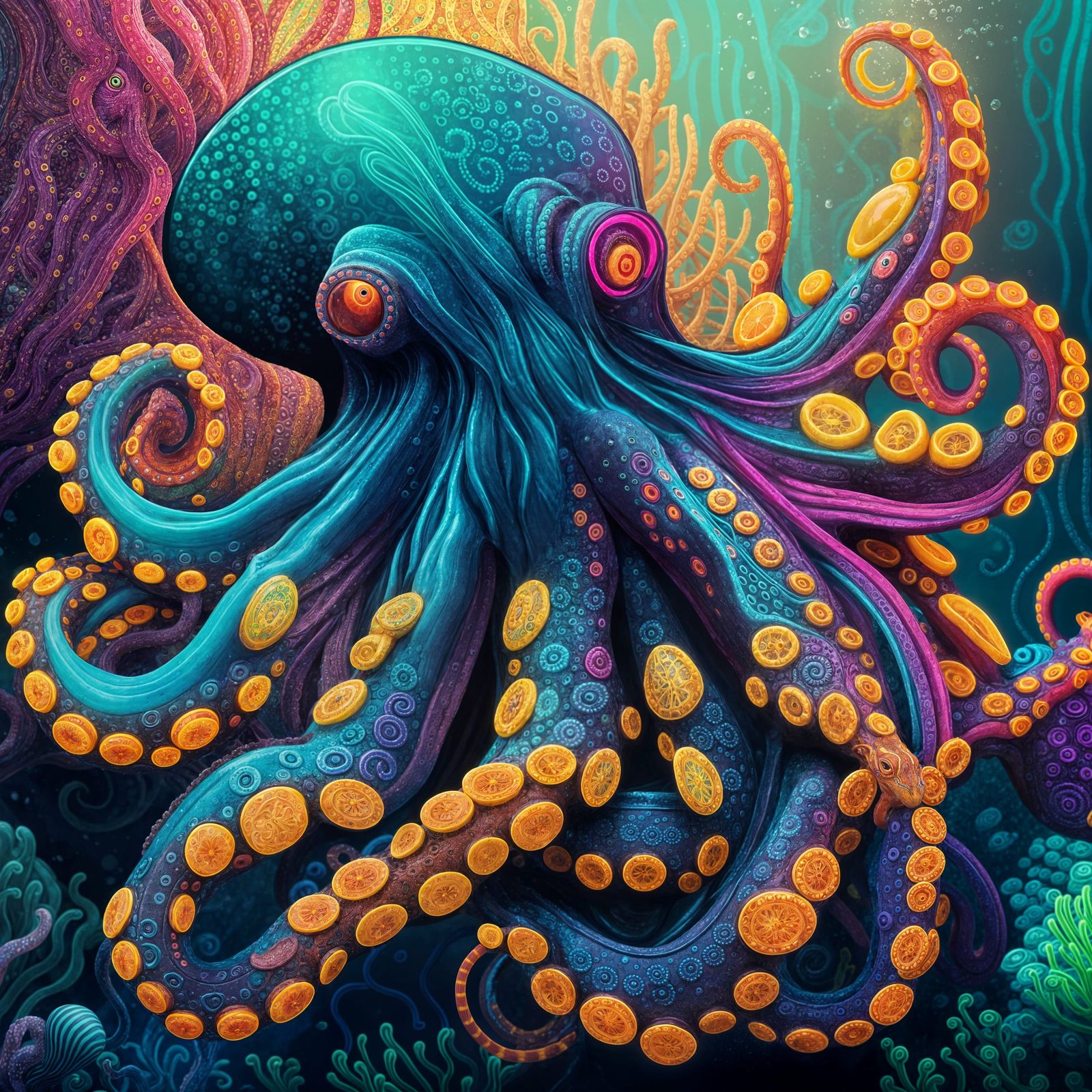 Neon Octopus in Colorful Underwater World