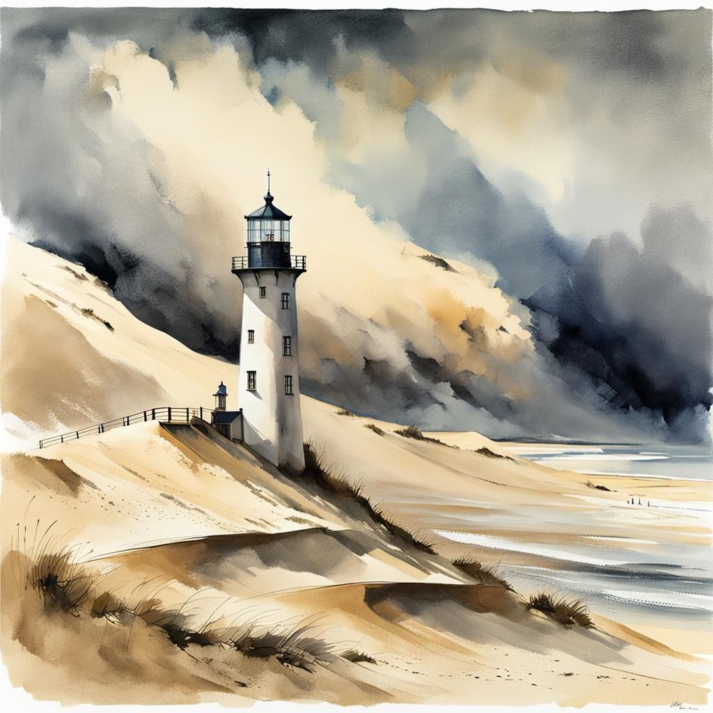 Lighthouse on Shifting Dune During Storm