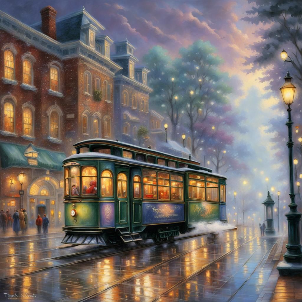 Ethereal Main Street Trolley in Kinkade Style
