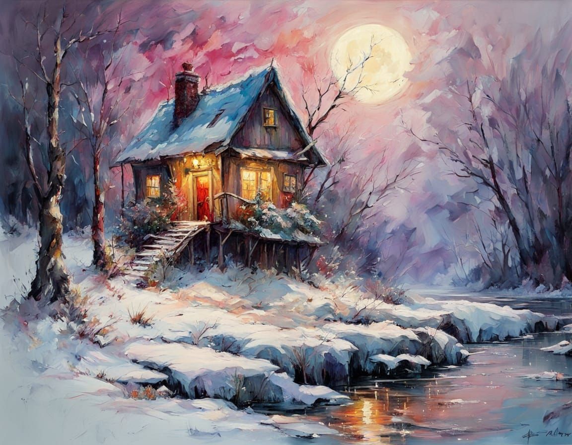 Winter River Landscape with House Under Full Moon