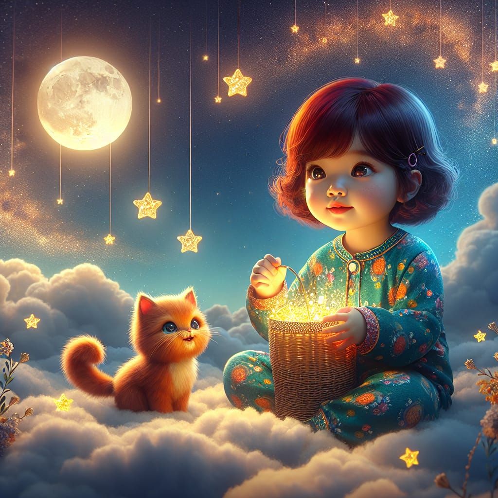 Girl with Stars on Clouds: Photorealistic Dreamscape