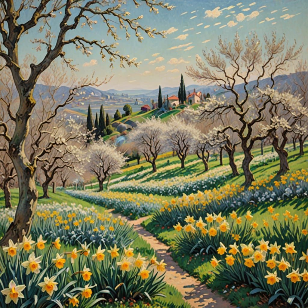 Vibrant Garden Scene in Impressionist Style