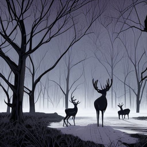 Deer in Abandoned City: Hyperrealistic Monochrome Art