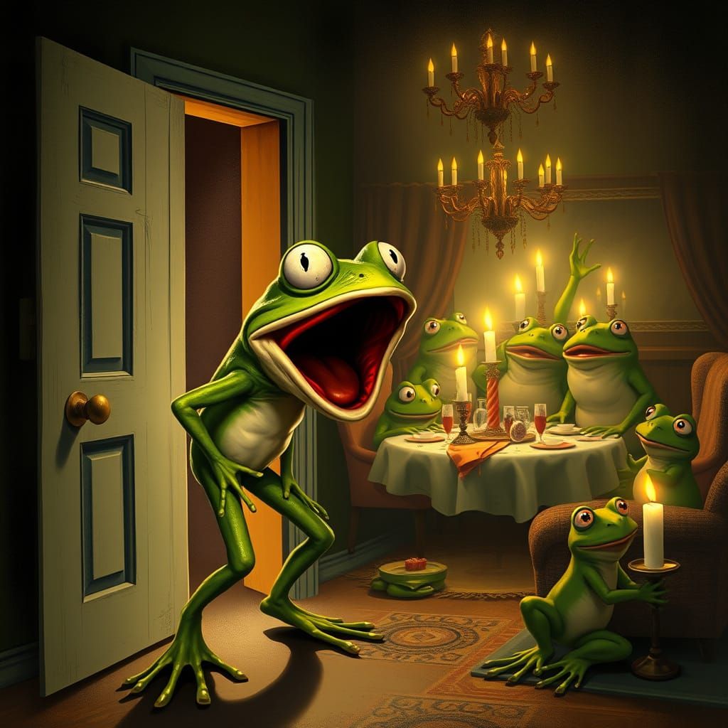 Horrified Frog's Surprise Party in Gorey Style