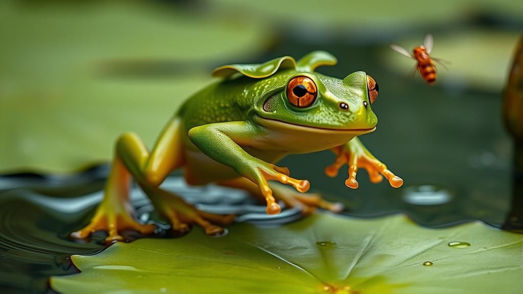 Green Frog Leaping in Macro Photography