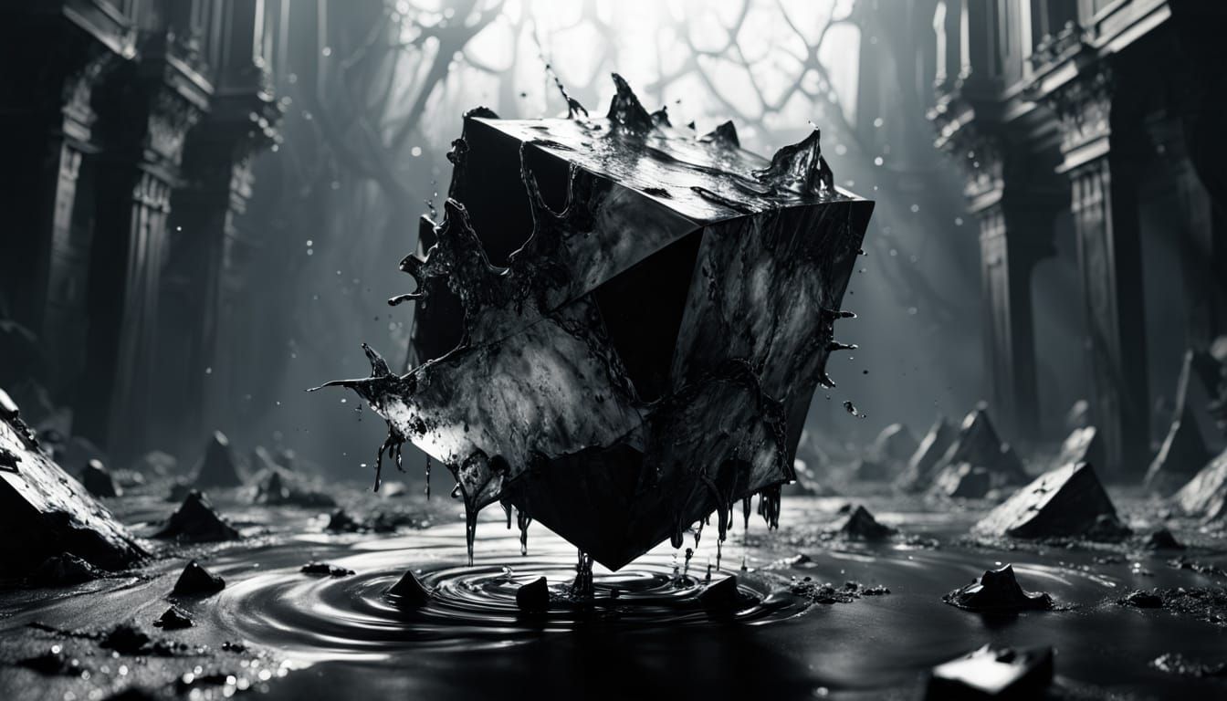 Epic Glass Cube, Shattered and Leaking Toxic Sludge in High-...