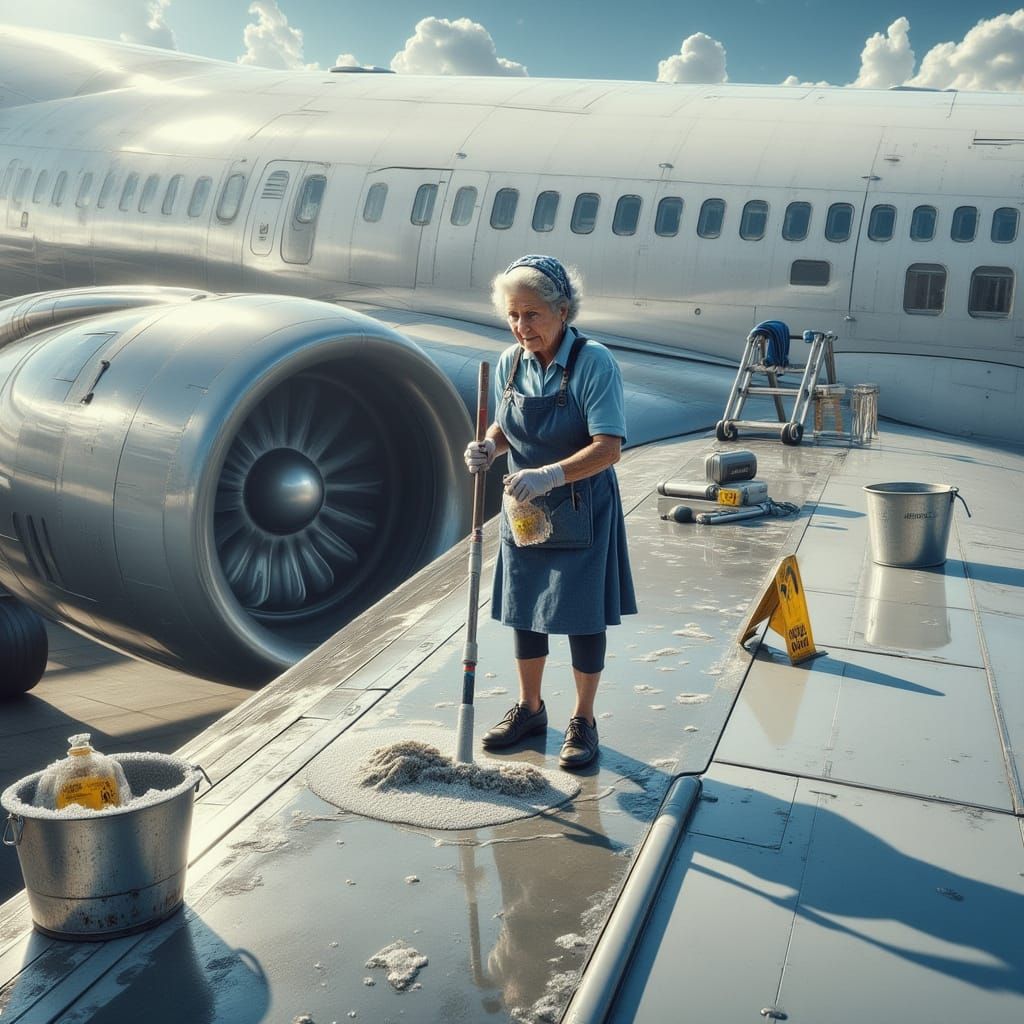 Humorous Hyperrealistic Airport Janitor Mopping Airplane Win...