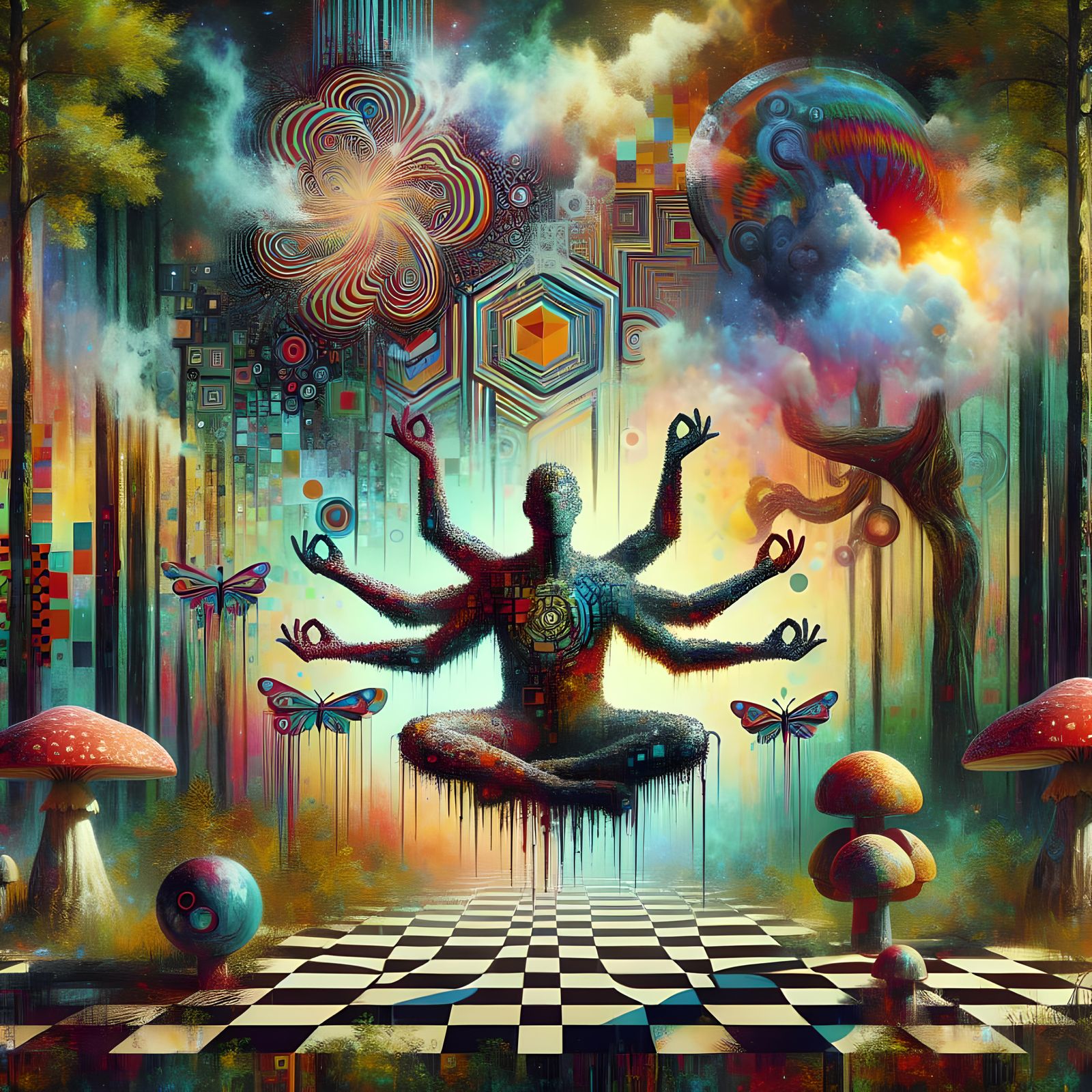 Multi-Armed Figure Meditating in Surreal Forest Art