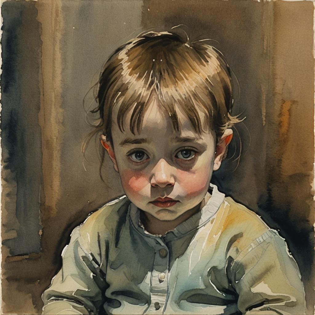 Baby in Dark Room: Gouache Watercolor Portrait