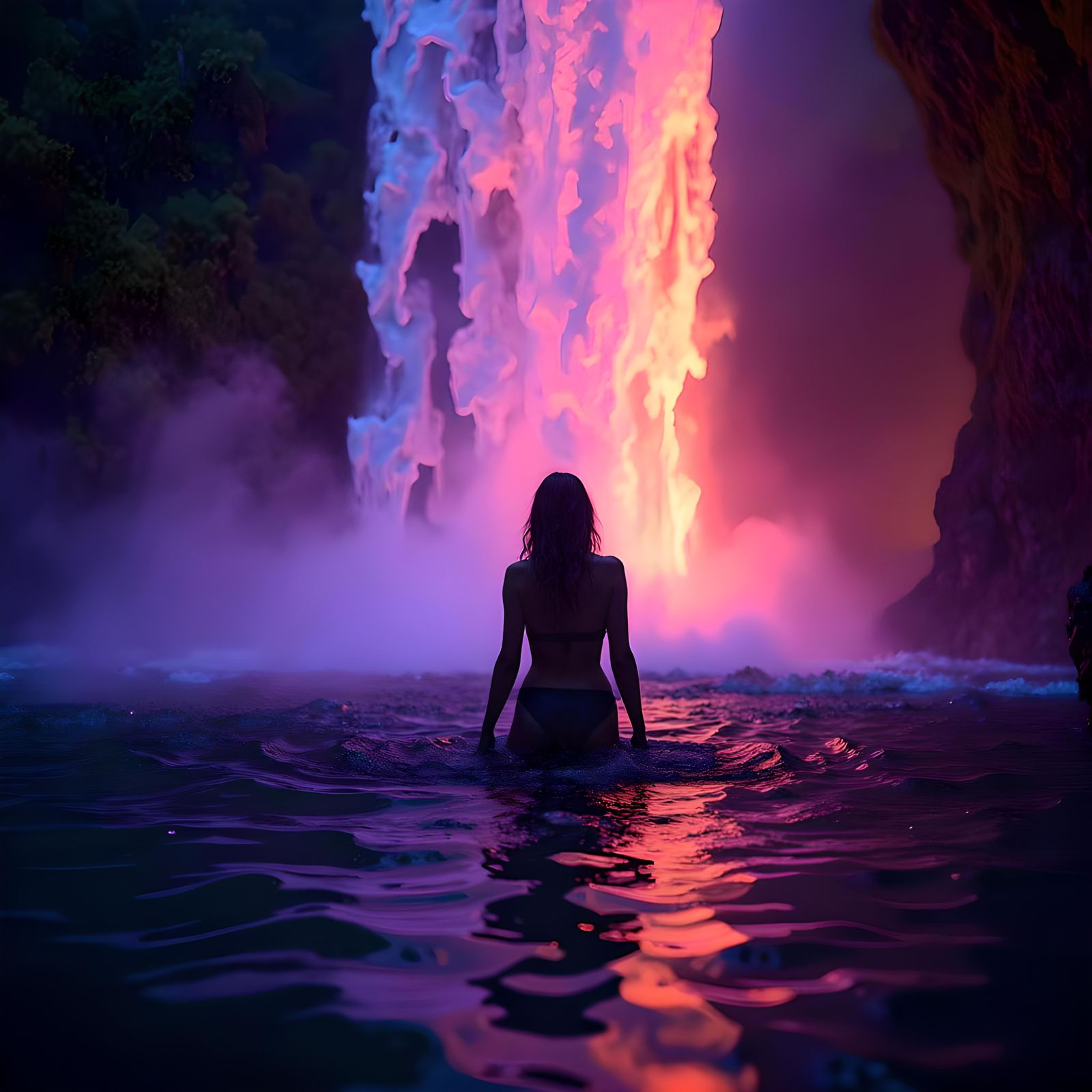 Vibrant Bioluminescent Waterfall Scene in Silhouette