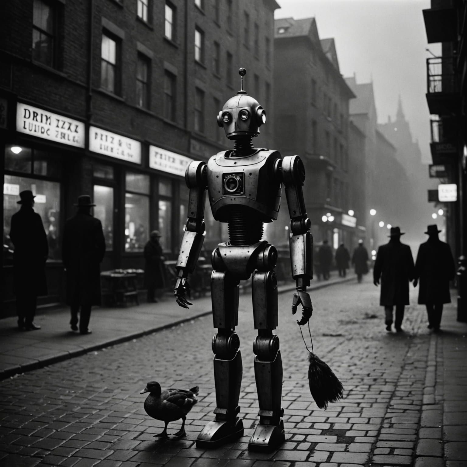 Robot Holding Duck in Film Noir Style
