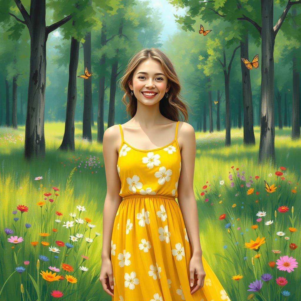 Woman in a Bright Yellow Sundress in a Serene Natural Landsc...