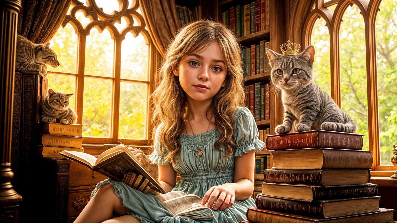 Whimsical Cat Crowned in Book Study: Hyperreal Fantasy
