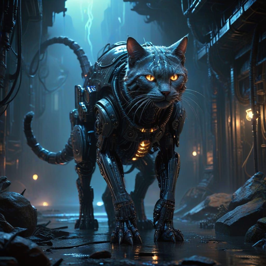 Dark Futuristic Robot Cat in Cyberpunk Ghostbusters Universe