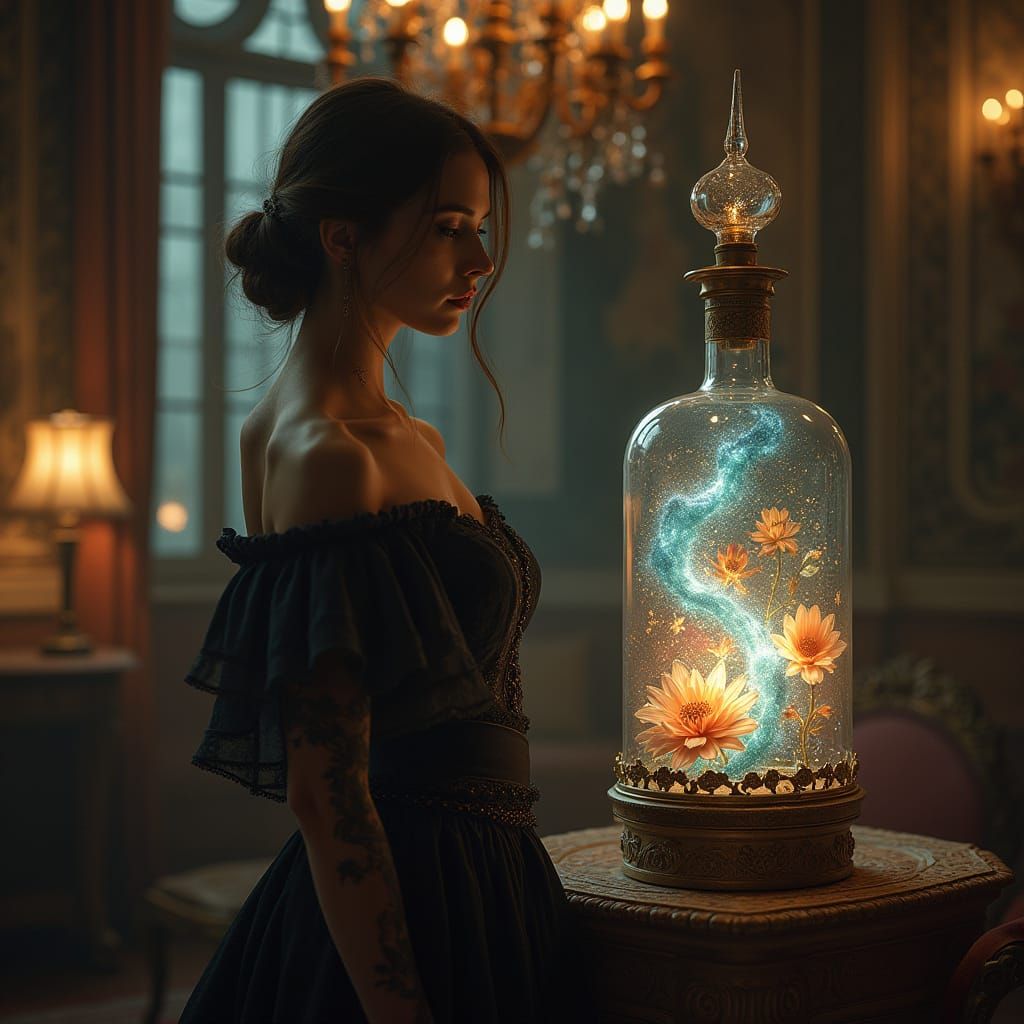 Ethereal Goddess Amidst Glowing Elements in a Lavish Interio...