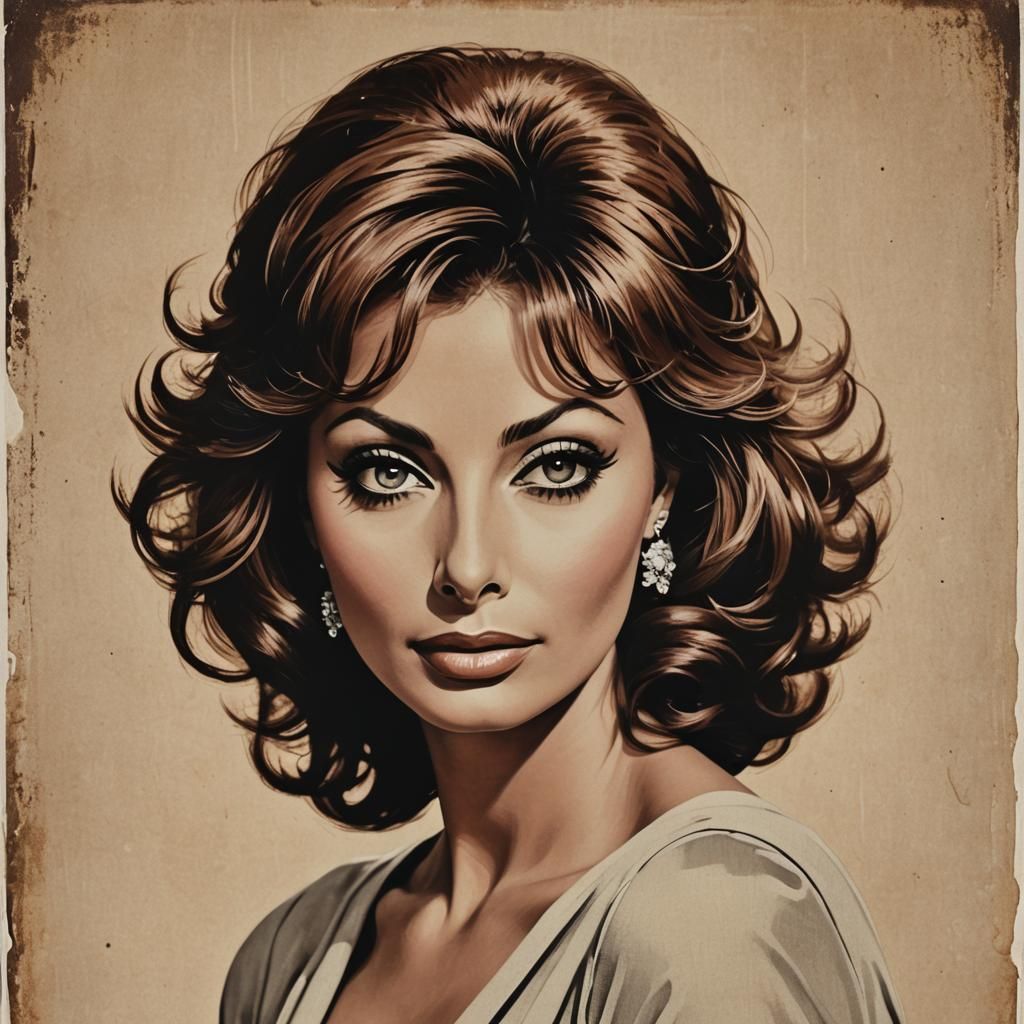 Pop Art Portrait of Sophia Loren in Mid-Century Style