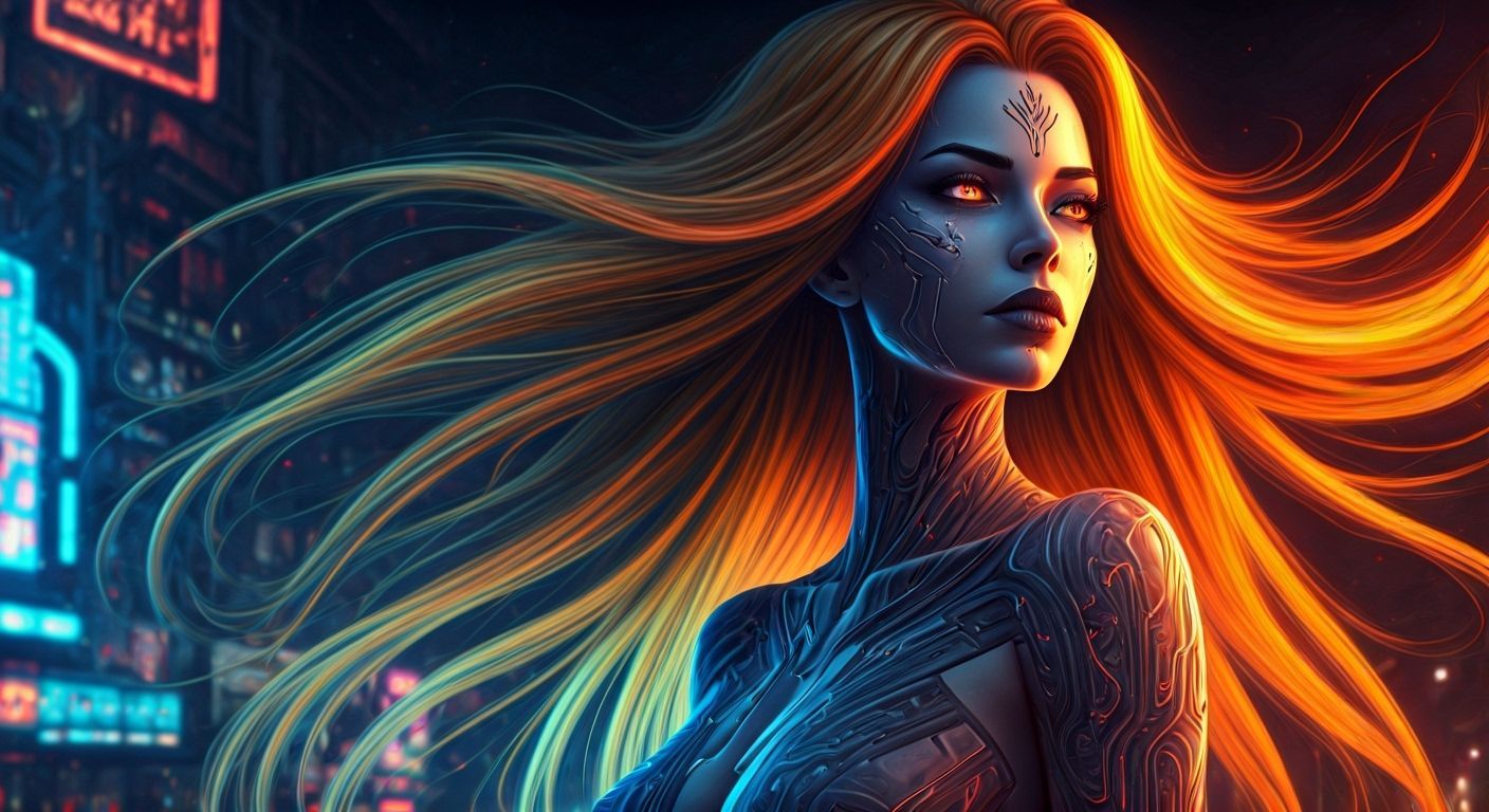 Neon Cyberpunk Goddess in Futuristic Cityscape