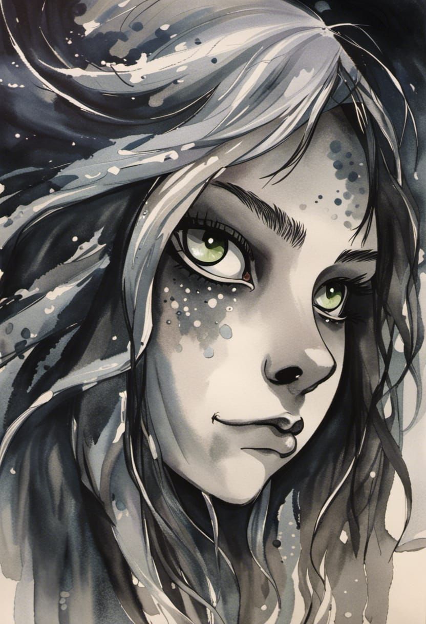 Crying Cat Girl in Smoky Battlefield Ink Wash