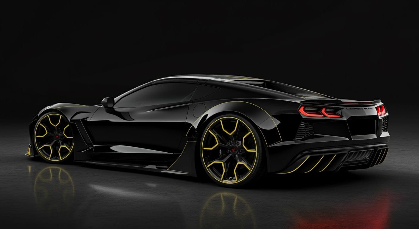 Futuristic Black Corvette EV with Yellow Pinstripes